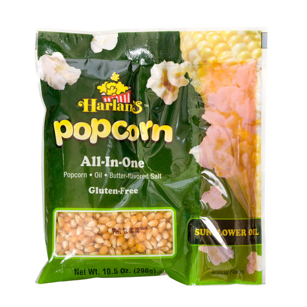HARLAN'S ALL IN ONE PRE-PORTIONED POPCORN (WITH SUNFLOWER OIL)  FOR A 8 oz POPPER 24/10.5