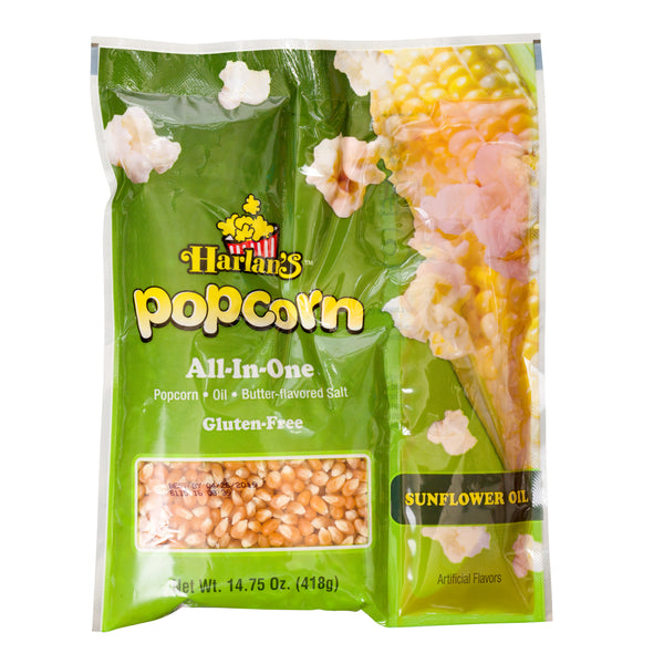 HARLAN'S ALL IN ONE PRE PORTIONED POPCORN KITS (WITH SUNFLOWER OIL) FOR A 12 OZ POPPER 24/14.75 oz